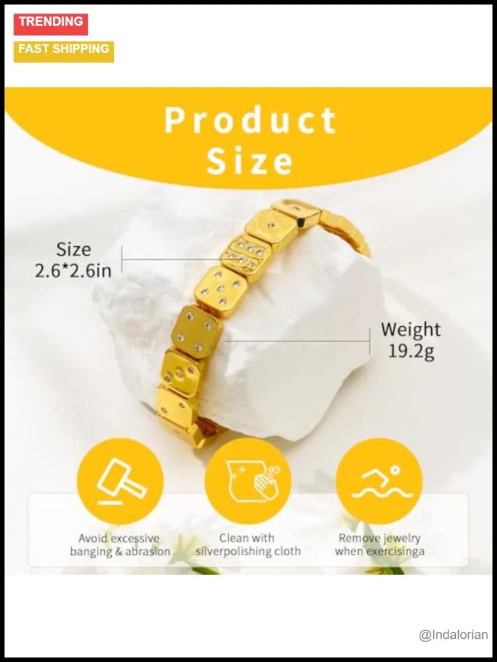 Gold Dice Bracelet Cubic Zirconia Copper Stretch